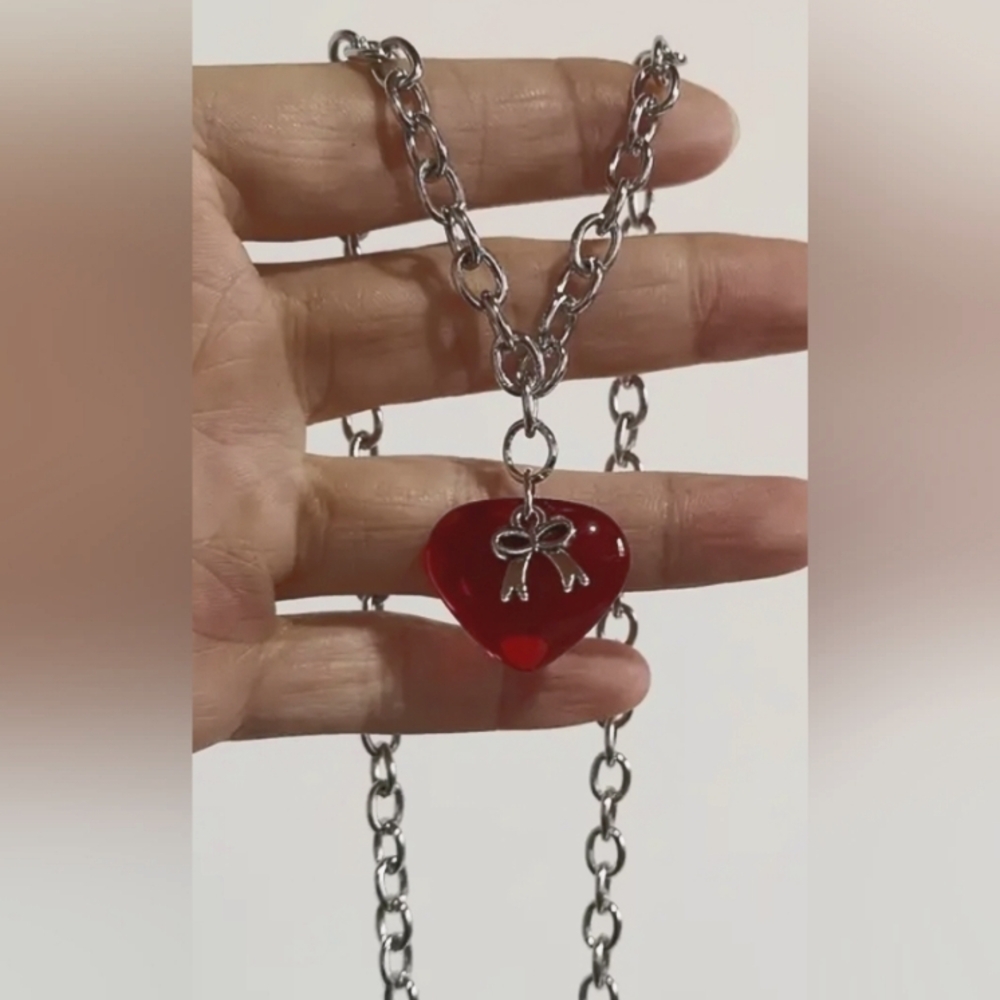 Punk Gothic Necklace Set with Red Lava Heart & Bow